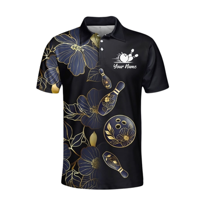 Custom Floral Black Gold Bowling Polo Shirts For Men, Custom Floral Bowling Team Shirts BZ1040