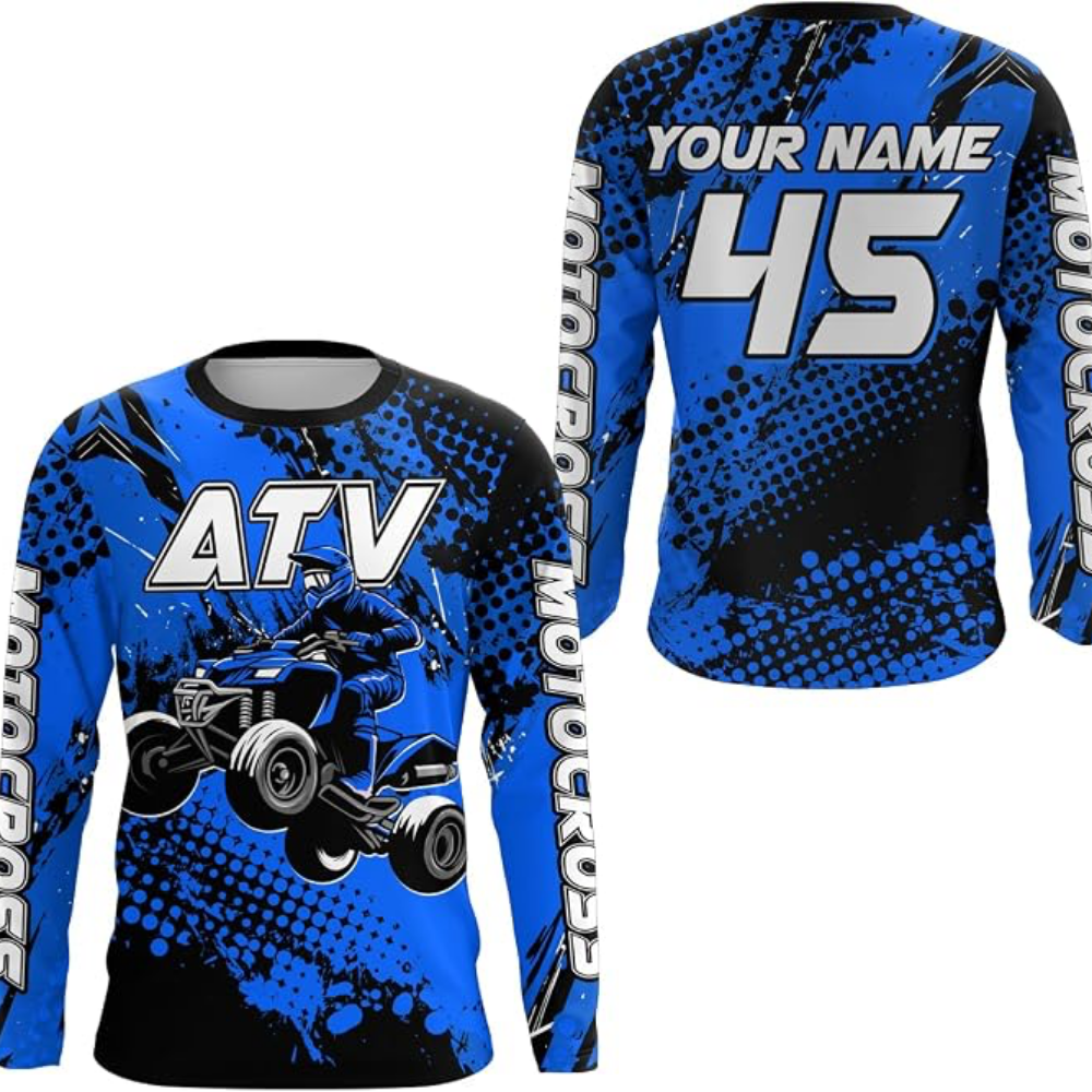 Custom ATV Racing Mens Long Sleeve Motocross Jersey Blue, Personalized ATV Dirt Bike Jerseys MZ0103