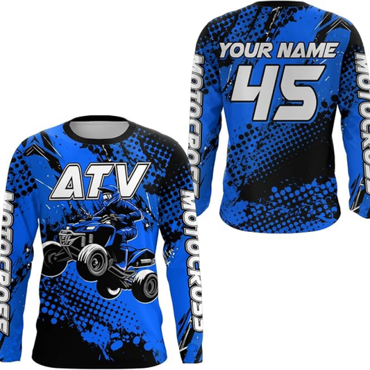 Custom ATV Racing Mens Long Sleeve Motocross Jersey Blue, Personalized ATV Dirt Bike Jerseys MZ0103