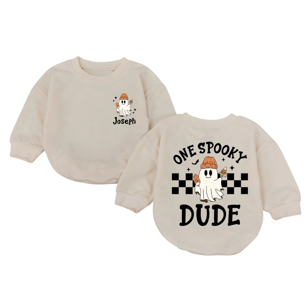 One Spooky Dude Custom First Birthday Baby Romper Sweatshirt, Custom First Halloween Baby Romper Sweater BB0698