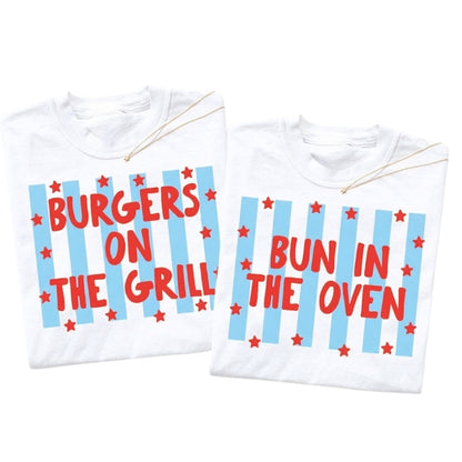 Bun In The Oven Burgers On The Grill Matching Baby Reveal Matching T Shirt For Couple, Pregnancy Announcement 4th Of July Matching His Her Shirts ET0909