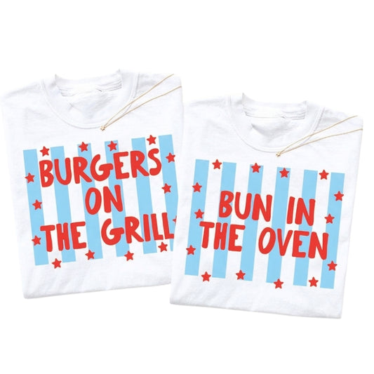 Bun In The Oven Burgers On The Grill Matching Baby Reveal Matching T Shirt For Couple, Pregnancy Announcement 4th Of July Matching His Her Shirts ET0909
