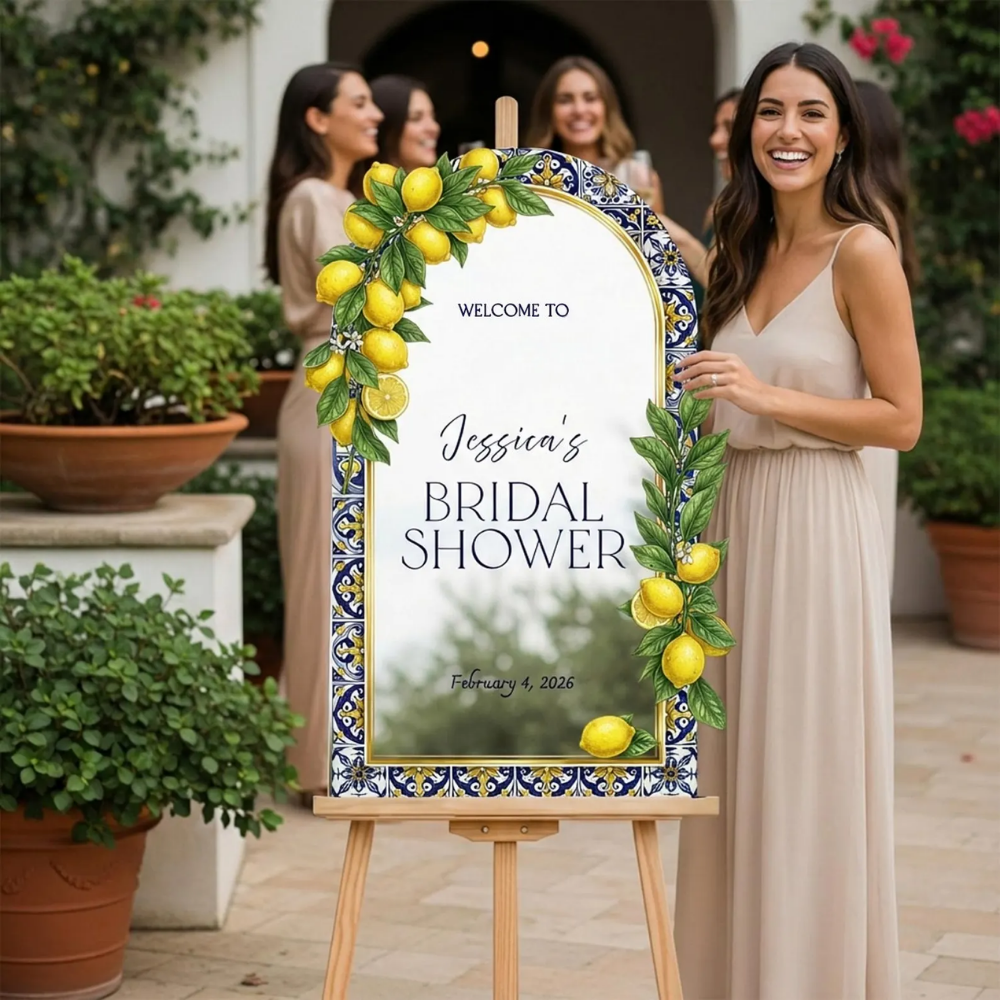 Personalized Lemon Blue Tiles Bridal Shower Welcome Mirror Acrylic Sign, Custom Lemon Bridal Shower Sign WD0725