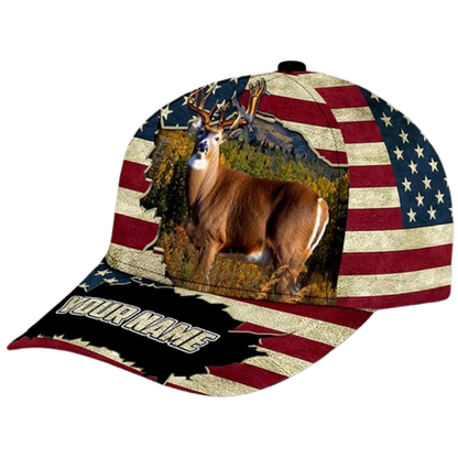American Flag Custom Name Deer Baseball Cap, Custom Deer Caps For Hunters CP0523