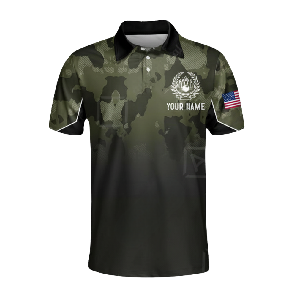 Custom Camouflage USA Flag Bowling Mens Polo Shirt, Custom Camo Bowling Team Shirts BZ0610