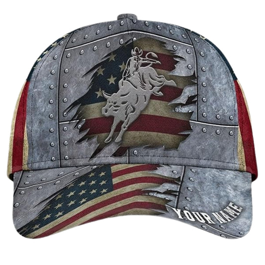 Custom Bull Riding American Flag Baseball Cap, Custom Bull Riding 3D Printed Caps CP0195