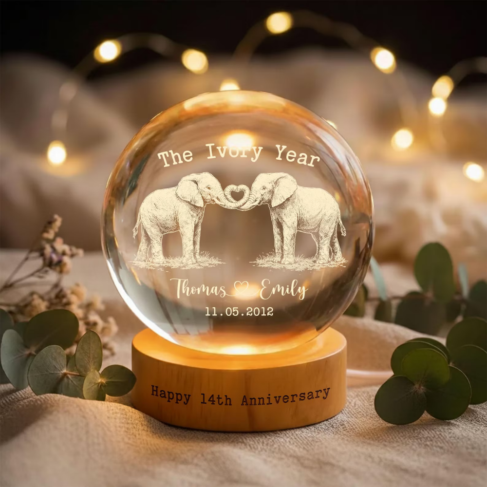 The Ivory Year Custom Elephant Couple Crystal Ball Led Night Light, Custom 14th Wedding Anniversary Night Light WD0847