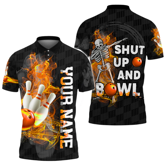 Shut Up And Bowl Custom Skeleton Bowling Mens Polo Shirt, Custom Funny Skull Bowling Shirts BZ0770