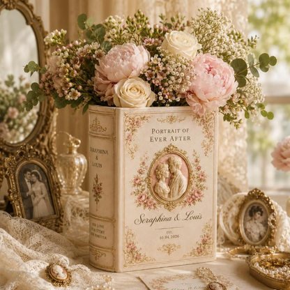 Custom Portrait Of Ever After Wedding Love Story Ceramic Book Vase, Custom Wedding Engagement Book Vase WD0592