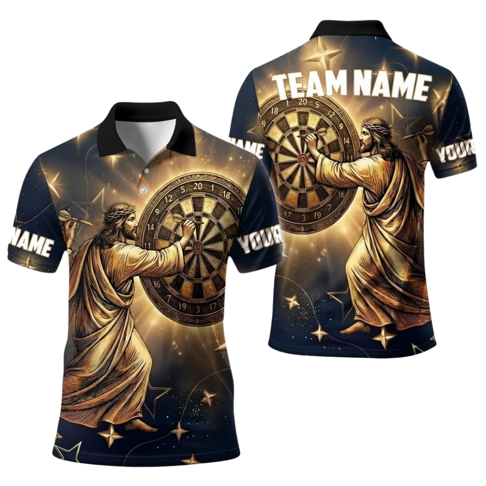 Custom Jesus Gold Black Darts Polo Shirt Men, Custom Christian Darts Team Shirt DE0107