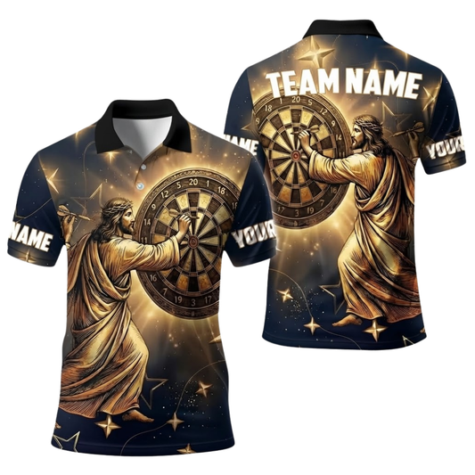 Custom Jesus Gold Black Darts Polo Shirt Men, Custom Christian Darts Team Shirt DE0107