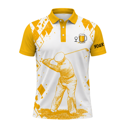 Custom Name Beer Men's Golf Polo Shirt White Yellow, Custom Beer Golf Shirts GE0473