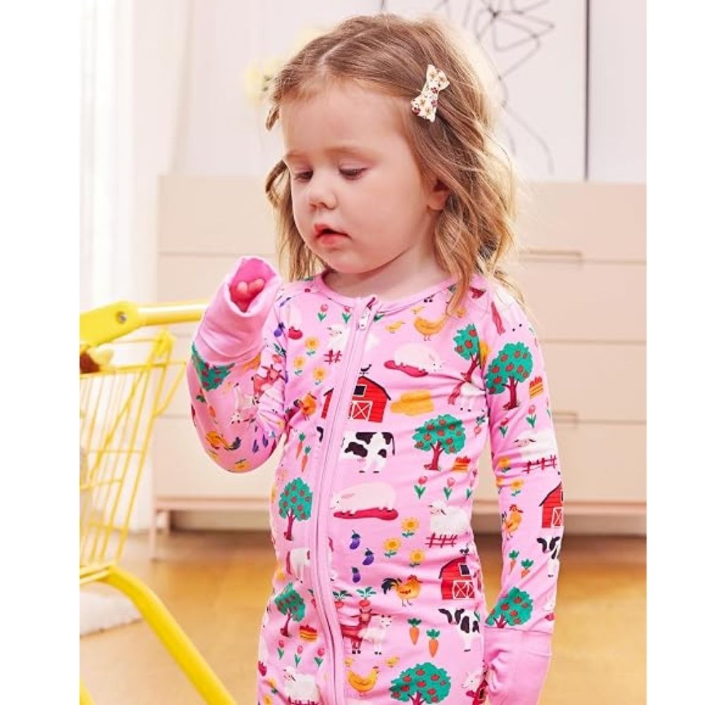 Farm Animal Pink Baby Convertible Zippy Romper, Farm Lover Convertible Romper For Baby BB0358