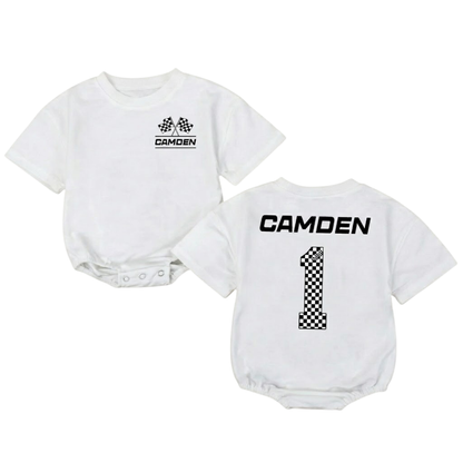 Personalized Racing First Birthday Baby Checkered T Shirt Bubble Romper, Custom Race Car Baby 1st Birthday Romper BB0191