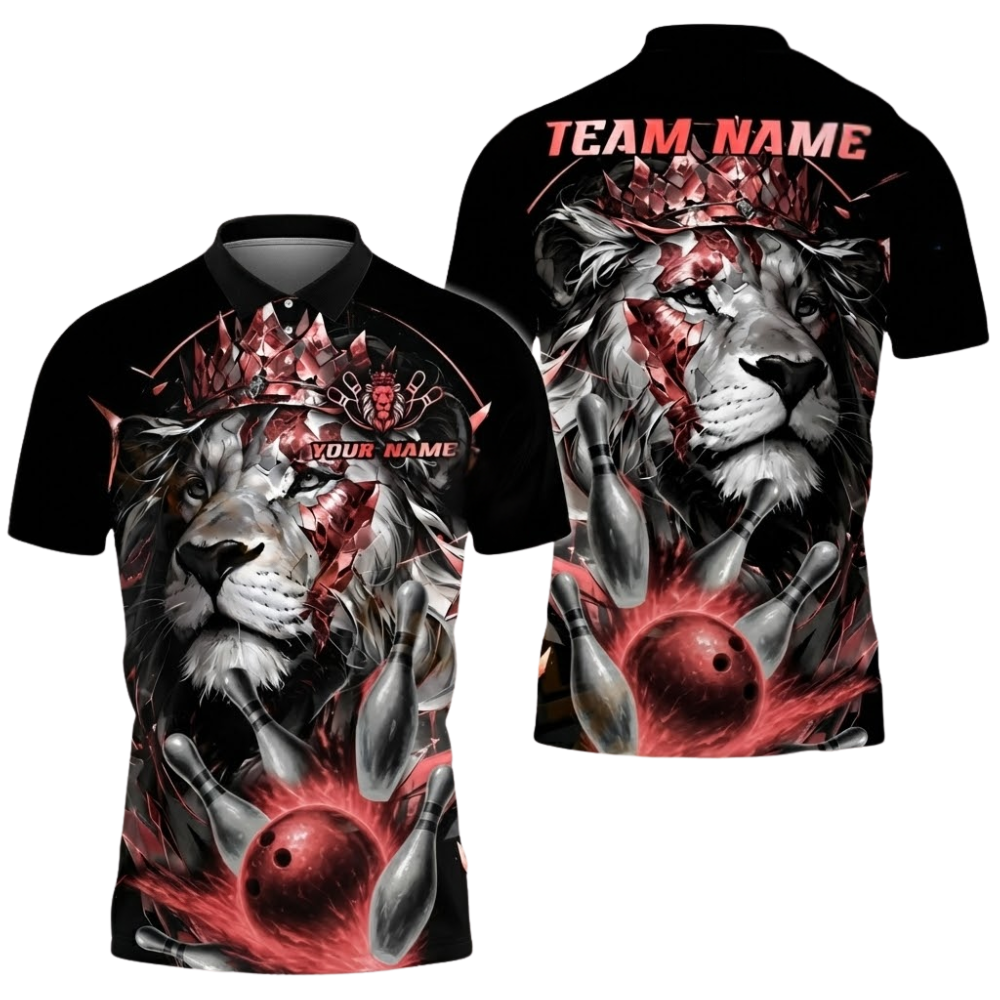 Custom King Lion Bowling Mens Polo Shirt, Custom Lion Bowling Team Shirts BZ0586