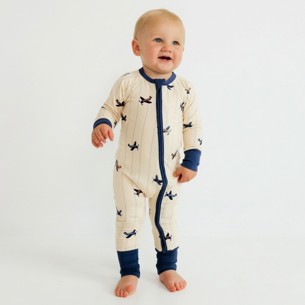 Airplane Blue Beige Baby Romper Convertible Zipper, Aircraft Baby Romper Convertible BB0730