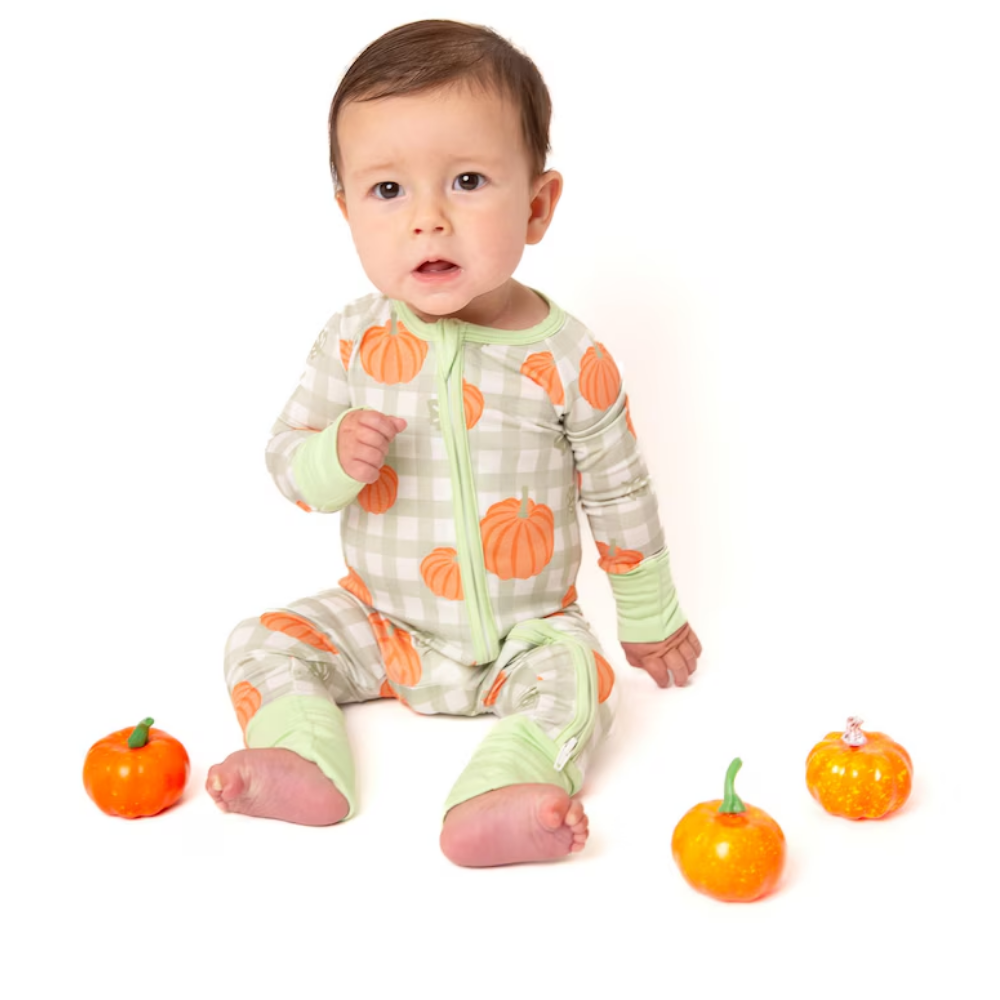 Pumpkin Green Checkered Baby Convertible Zippy Romper, Pumpkin Convertible Romper Baby BB0343