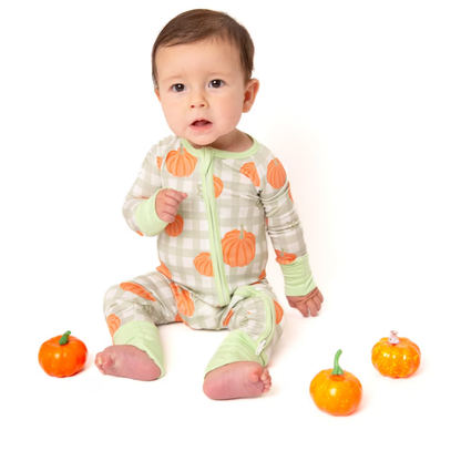 Pumpkin Green Checkered Baby Convertible Zippy Romper, Pumpkin Convertible Romper Baby BB0343