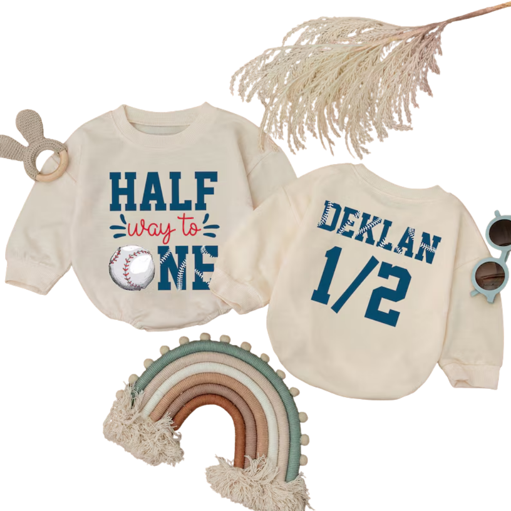 Half Way To One Birthday Custom Baseball Baby Romper Sweater, Custom Baseball 1/2 Birthday Baby Romper Sweatshirt BB0297