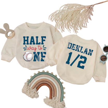 Half Way To One Birthday Custom Baseball Baby Romper Sweater, Custom Baseball 1/2 Birthday Baby Romper Sweatshirt BB0297
