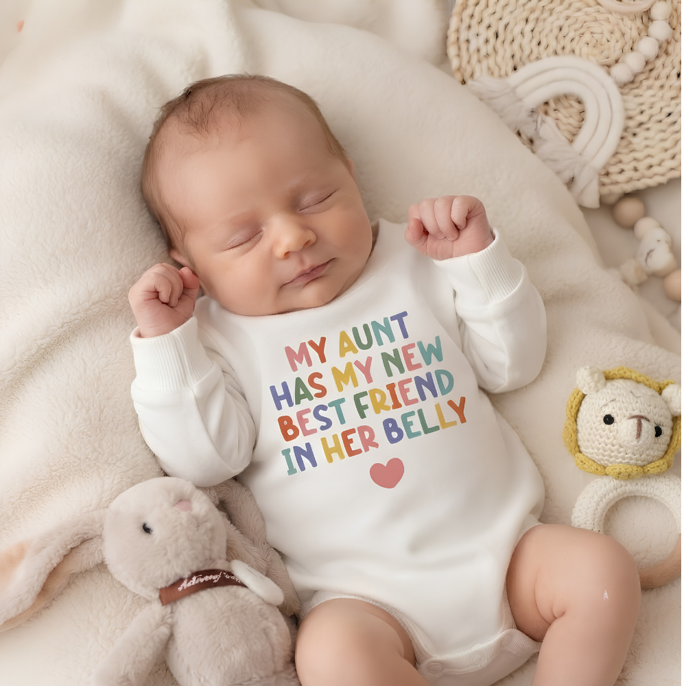 My Aunt Has My New Best Friend In Her Belly Baby Romper Sweatshirt, Aunt Pregnancy Annoucement Sweatshirt Baby BB0869