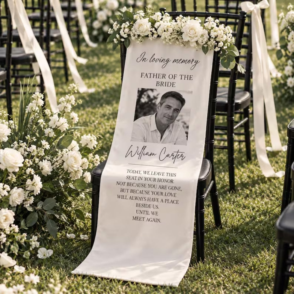 Father Of The Birde Custom Photo Memorial Wedding Chair Banner, Custom Memory Wedding Chair Sign WD0966