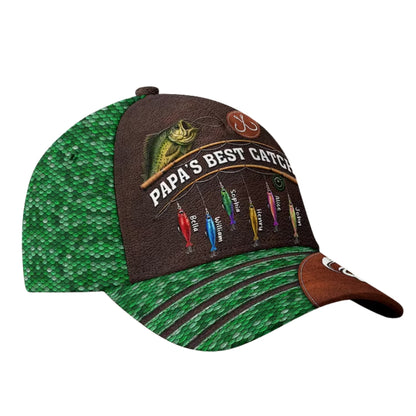 Papa's Best Catch Custom Kid Names Fishing Baseball Cap For Dad, Personalized Father's Day Fishing Lover Cap CP0492