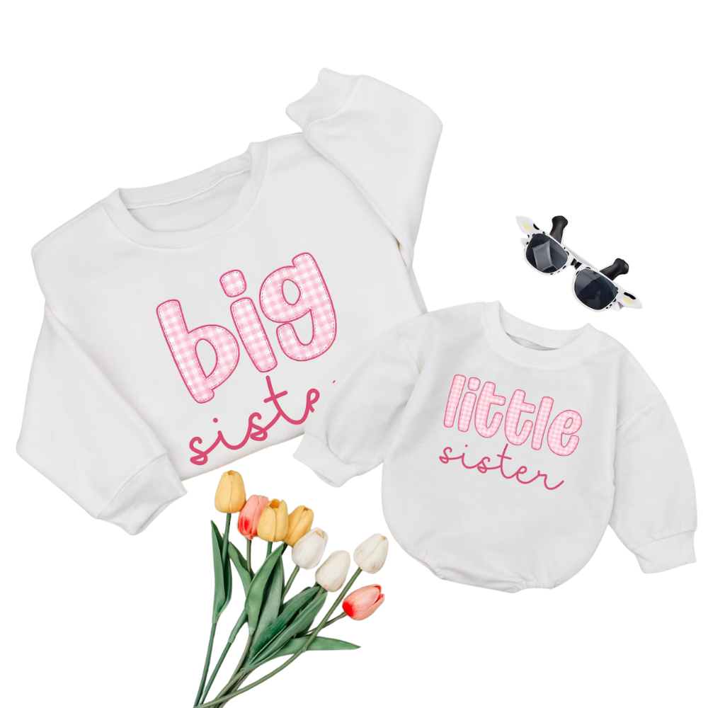 Big Sister Little Sister Pink Gingham Sweatshirt Matching, Matching Sister Sibling Sweatshirt ET1615