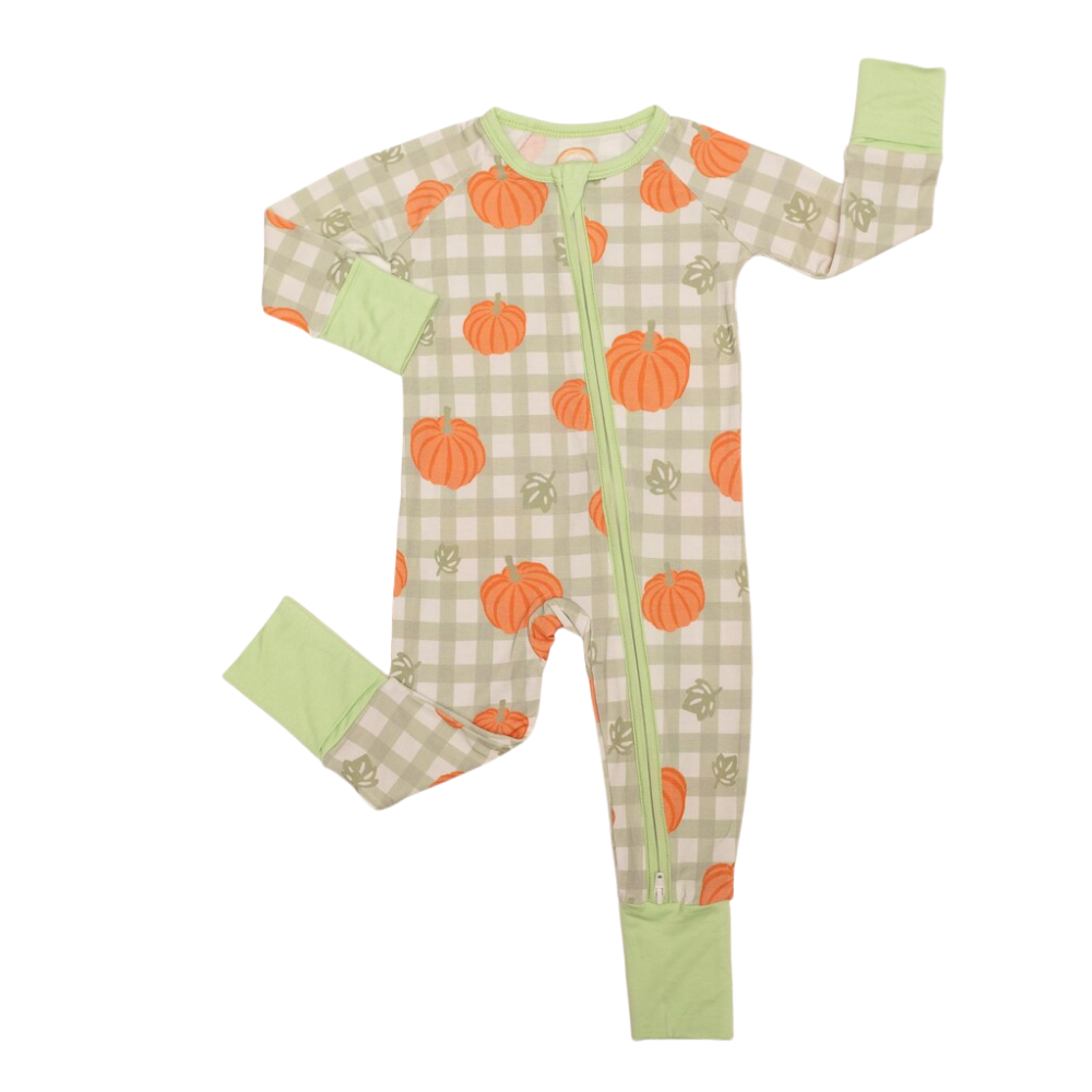 Pumpkin Green Checkered Baby Convertible Zippy Romper, Pumpkin Convertible Romper Baby BB0343