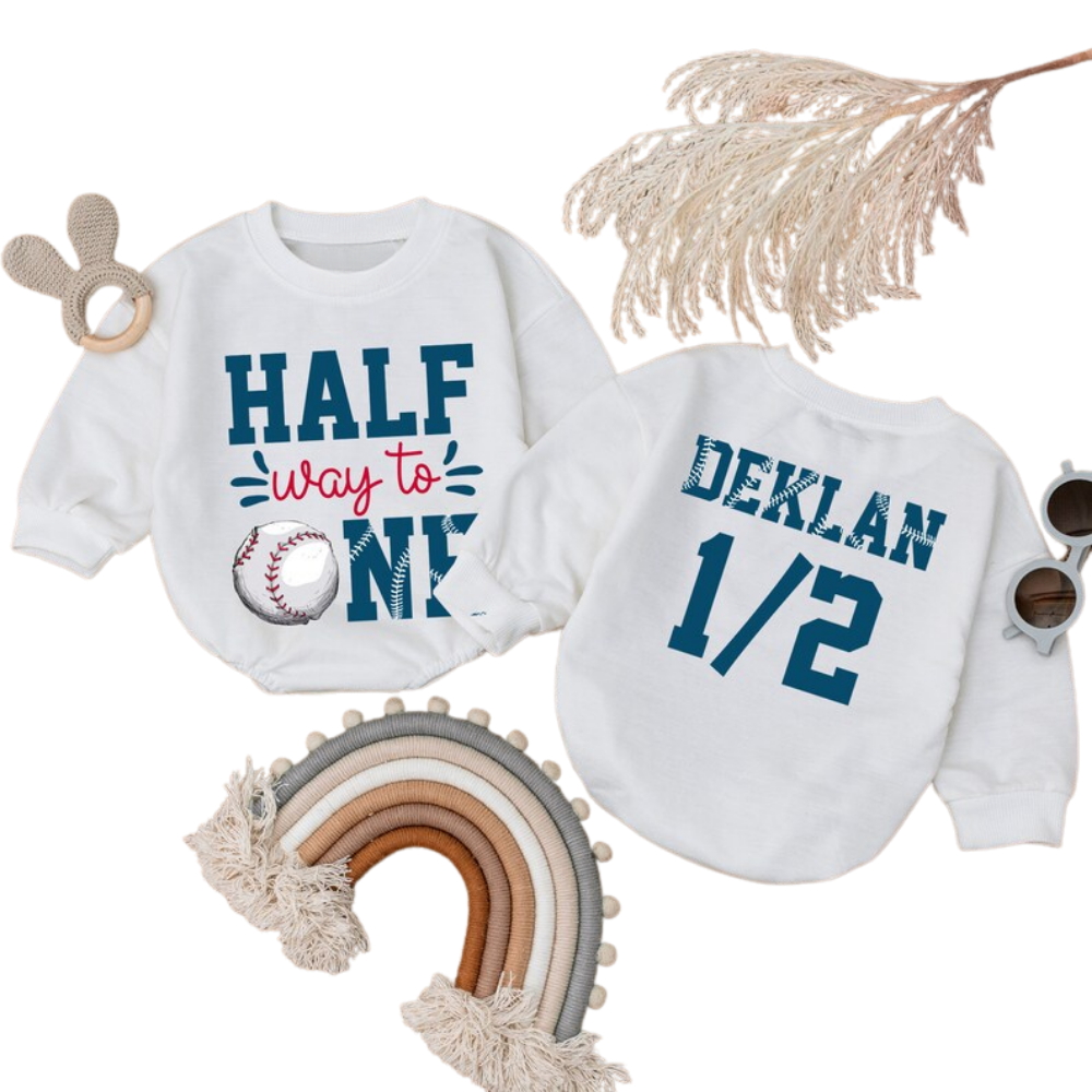 Half Way To One Birthday Custom Baseball Baby Romper Sweater, Custom Baseball 1/2 Birthday Baby Romper Sweatshirt BB0297
