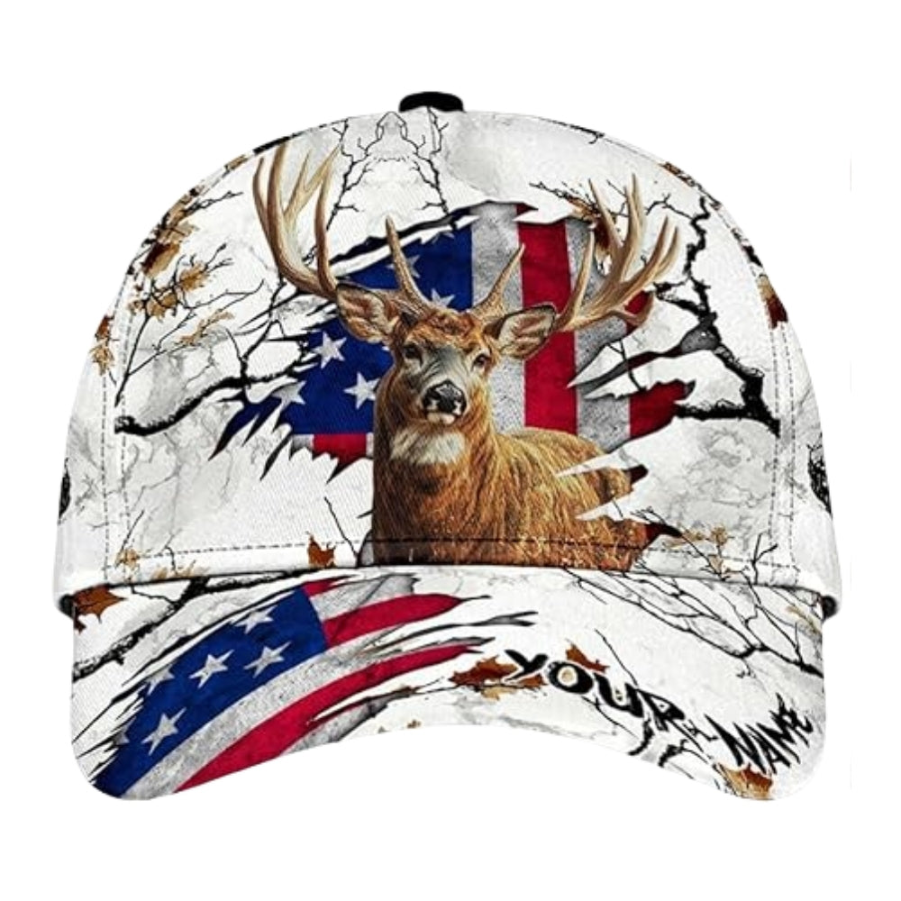 Custom White Grunge US Flag Deer Hunting Baseball Cap, Custom Patriotic Deer Caps For Hunters CP0237