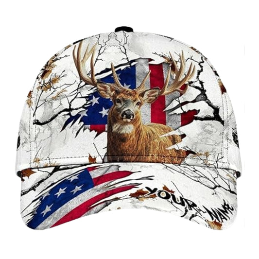 Custom White Grunge US Flag Deer Hunting Baseball Cap, Custom Patriotic Deer Caps For Hunters CP0237