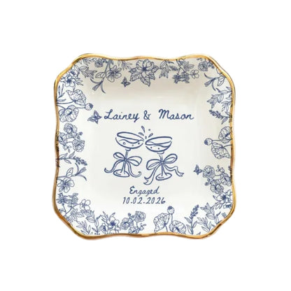 Personalized Floral Engagement Ring Dish For Bride, Custom Wedding Jewelry Dish WD0173
