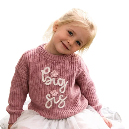 Big Sister Floral Baby Emrboidered Knit Sweater, Sister Baby Sweatshirt BB0784