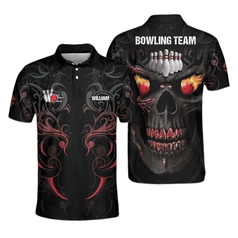 Custom Skull Flame Ball Bowling Polo Shirt Mens, Custom SKull Bowling Shirts Team BE0137