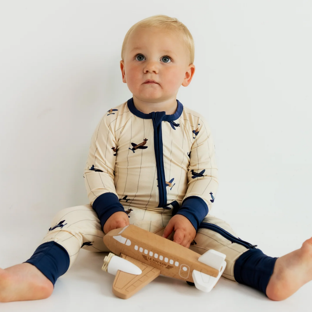 Airplane Blue Beige Baby Romper Convertible Zipper, Aircraft Baby Romper Convertible BB0730