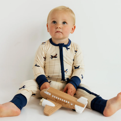 Airplane Blue Beige Baby Romper Convertible Zipper, Aircraft Baby Romper Convertible BB0730