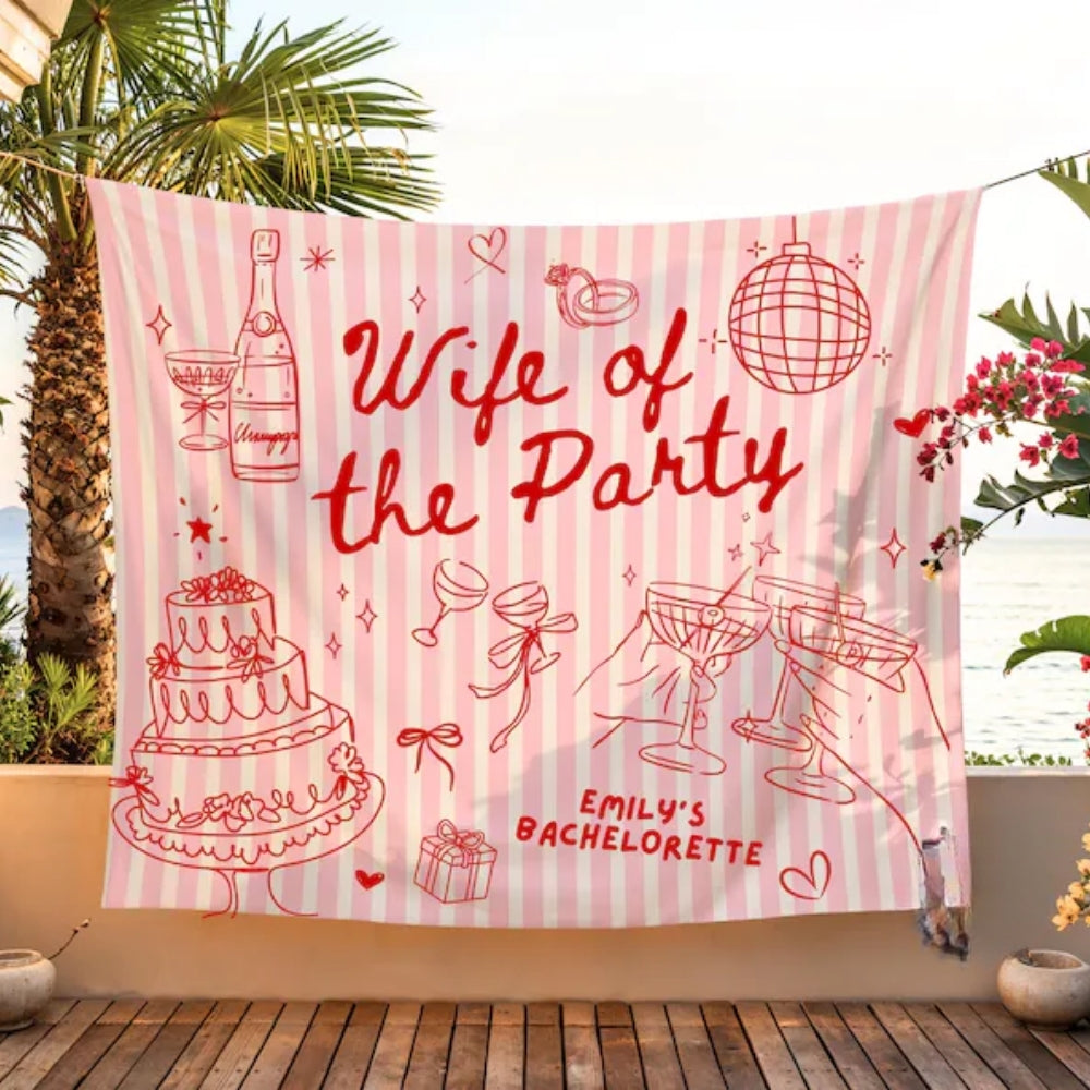Wife Of The Party Personalized Pink Red Stripe Bachelorette Banner, Custom Bachelorette Banner WD0423