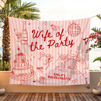 Wife Of The Party Personalized Pink Red Stripe Bachelorette Banner, Custom Bachelorette Banner WD0423