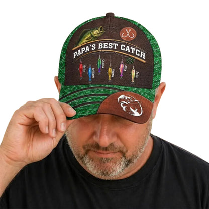 Papa's Best Catch Custom Kid Names Fishing Baseball Cap For Dad, Personalized Father's Day Fishing Lover Cap CP0492