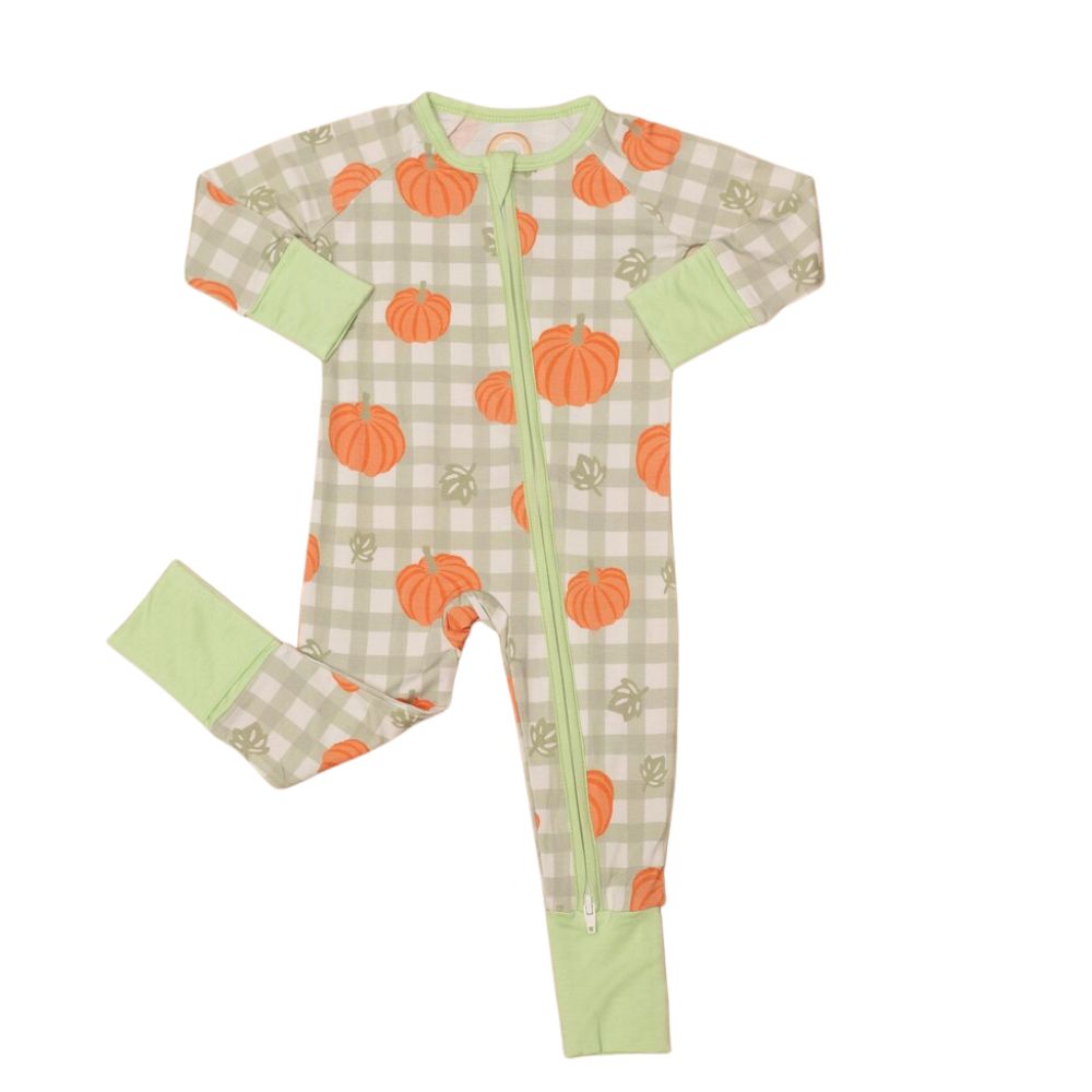 Pumpkin Green Checkered Baby Convertible Zippy Romper, Pumpkin Convertible Romper Baby BB0343