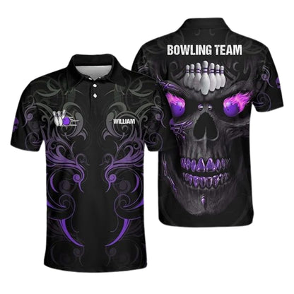 Custom Skull Flame Ball Bowling Polo Shirt Mens, Custom SKull Bowling Shirts Team BE0137
