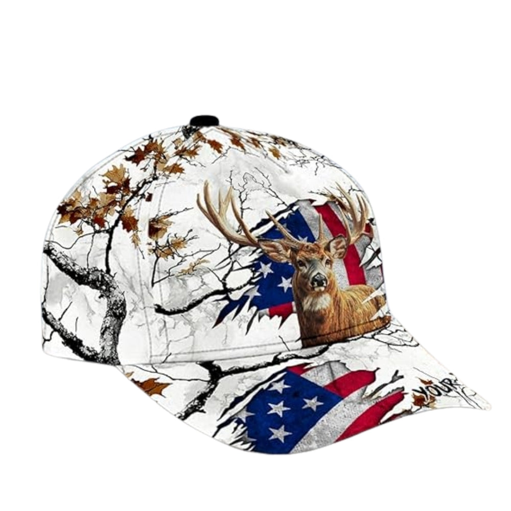 Custom White Grunge US Flag Deer Hunting Baseball Cap, Custom Patriotic Deer Caps For Hunters CP0237