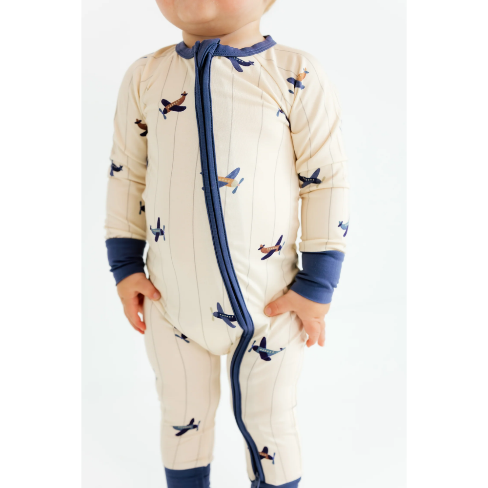 Airplane Blue Beige Baby Romper Convertible Zipper, Aircraft Baby Romper Convertible BB0730