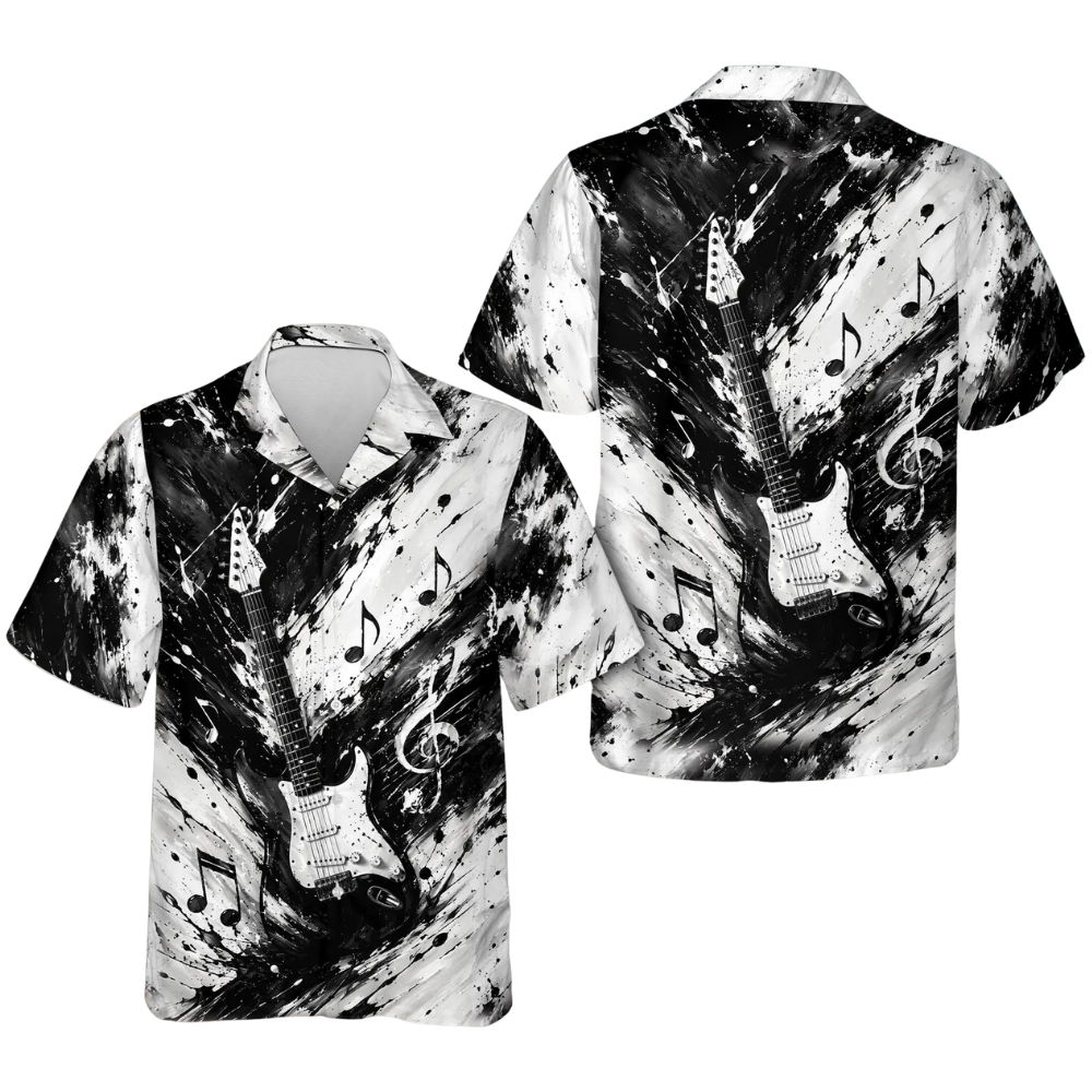 Electric Guitar Black And White Hawaiian Shirt For Men, Rock Guitar Hawaiian Shirt For Guitarist HE0339