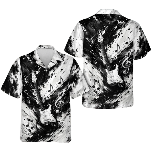 Electric Guitar Black And White Hawaiian Shirt For Men, Rock Guitar Hawaiian Shirt For Guitarist HE0339