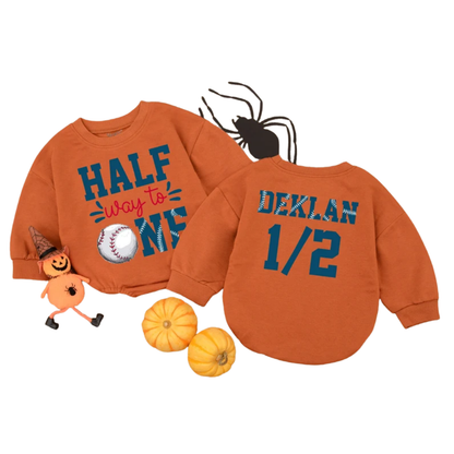 Half Way To One Birthday Custom Baseball Baby Romper Sweater, Custom Baseball 1/2 Birthday Baby Romper Sweatshirt BB0297