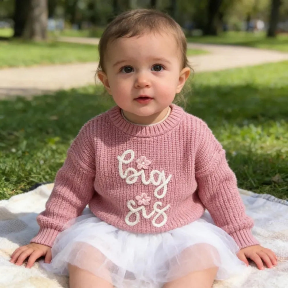 Big Sister Floral Baby Emrboidered Knit Sweater, Sister Baby Sweatshirt BB0784