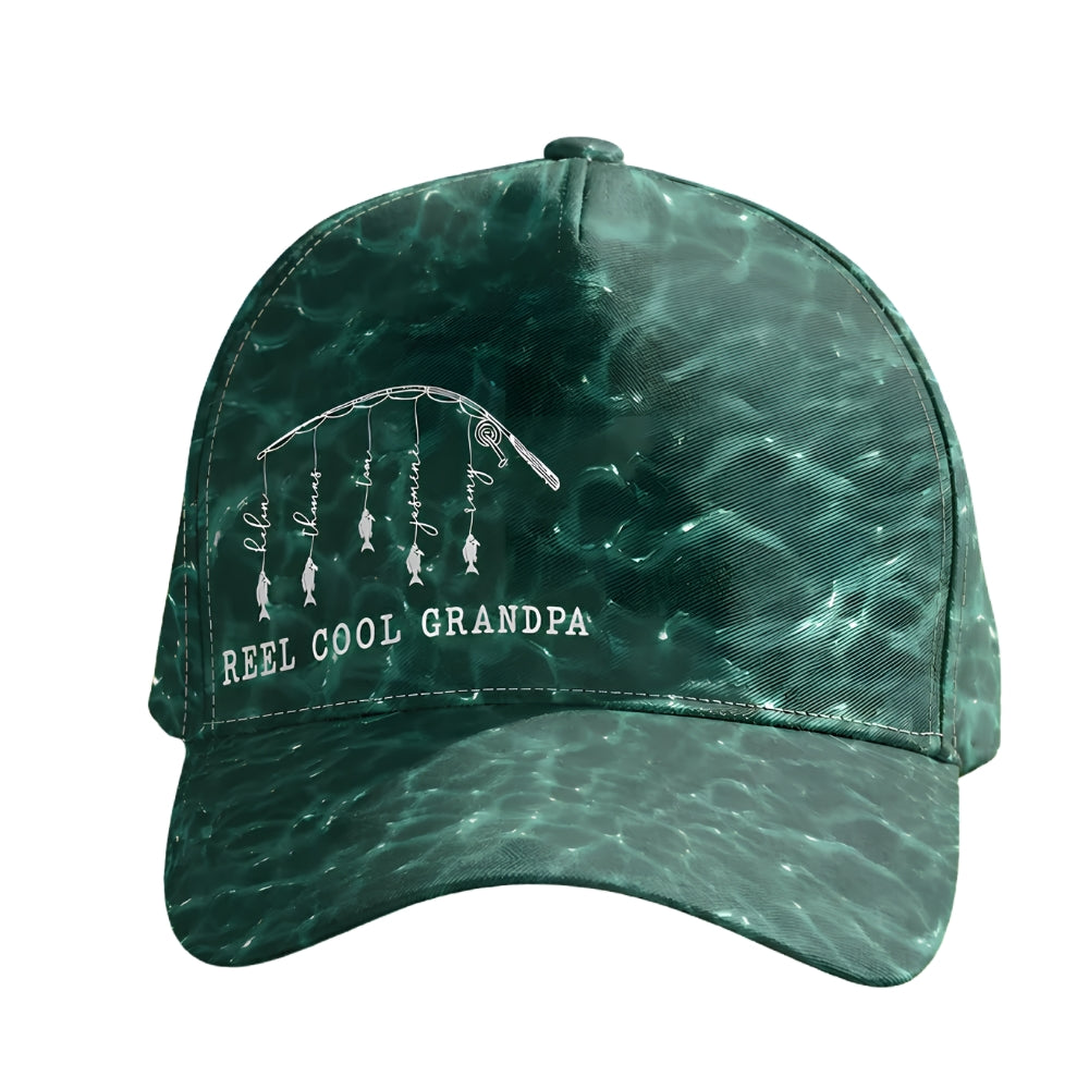 Reel Cool Grandpa Personalized Fishing Baseball 3D Printed Cap With Kid Names, Custom Father Day Fishing Cap For Dad Grandpa CP0493
