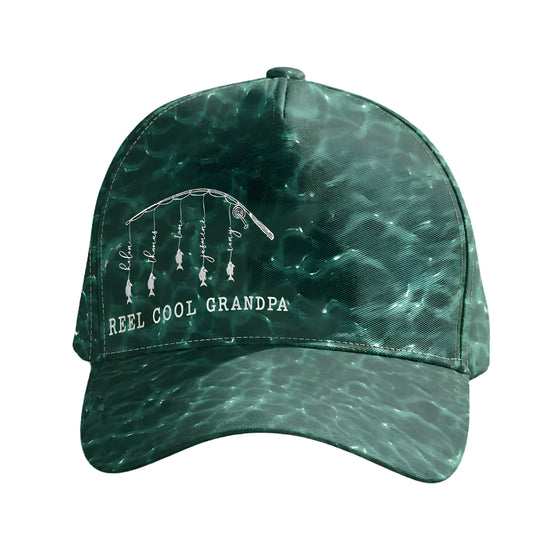 Reel Cool Grandpa Personalized Fishing Baseball 3D Printed Cap With Kid Names, Custom Father Day Fishing Cap For Dad Grandpa CP0493